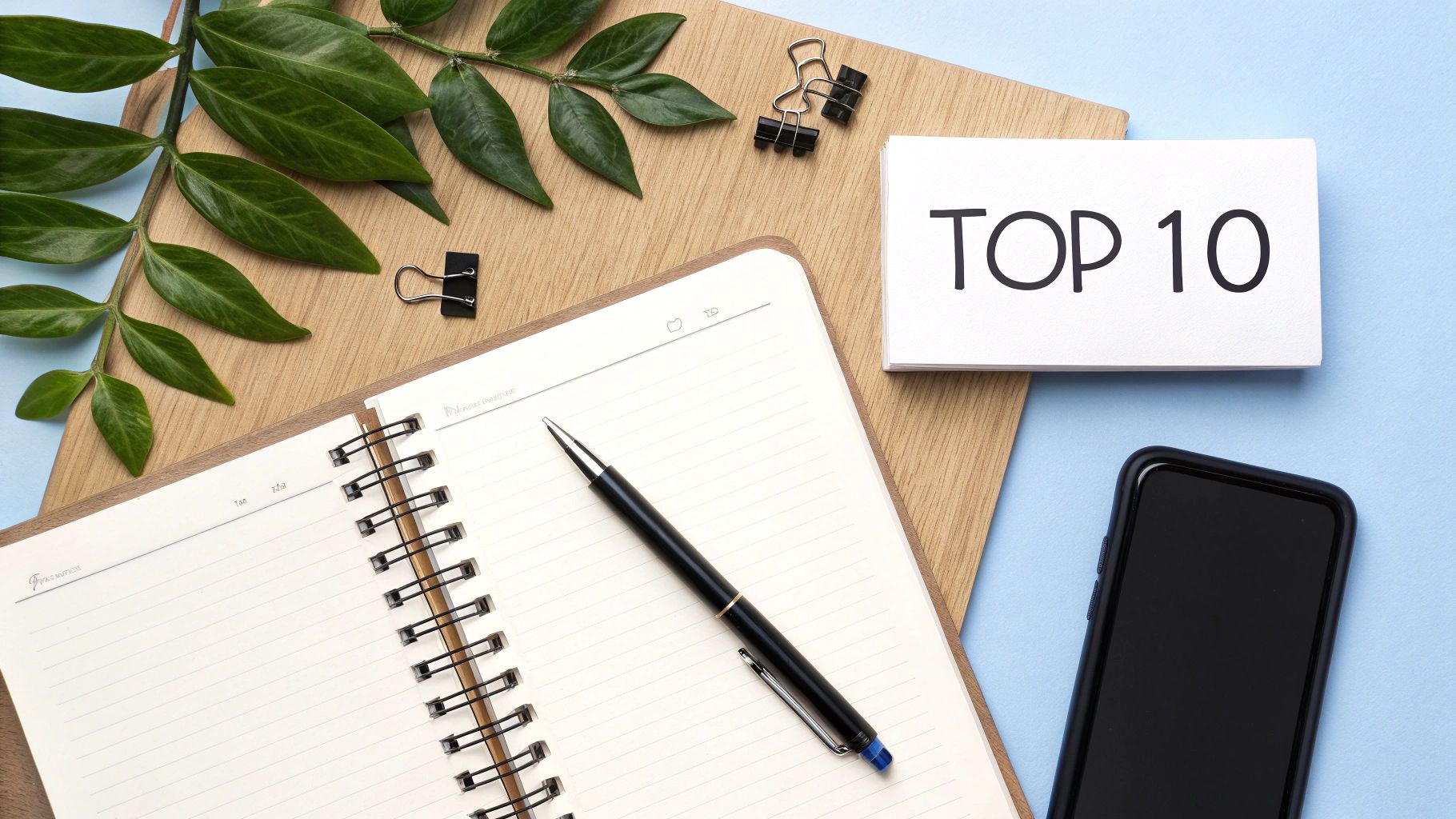 A flat lay of a workspace with an open notebook, pen, smartphone, and 'TOP 10' cards on a light blue background.