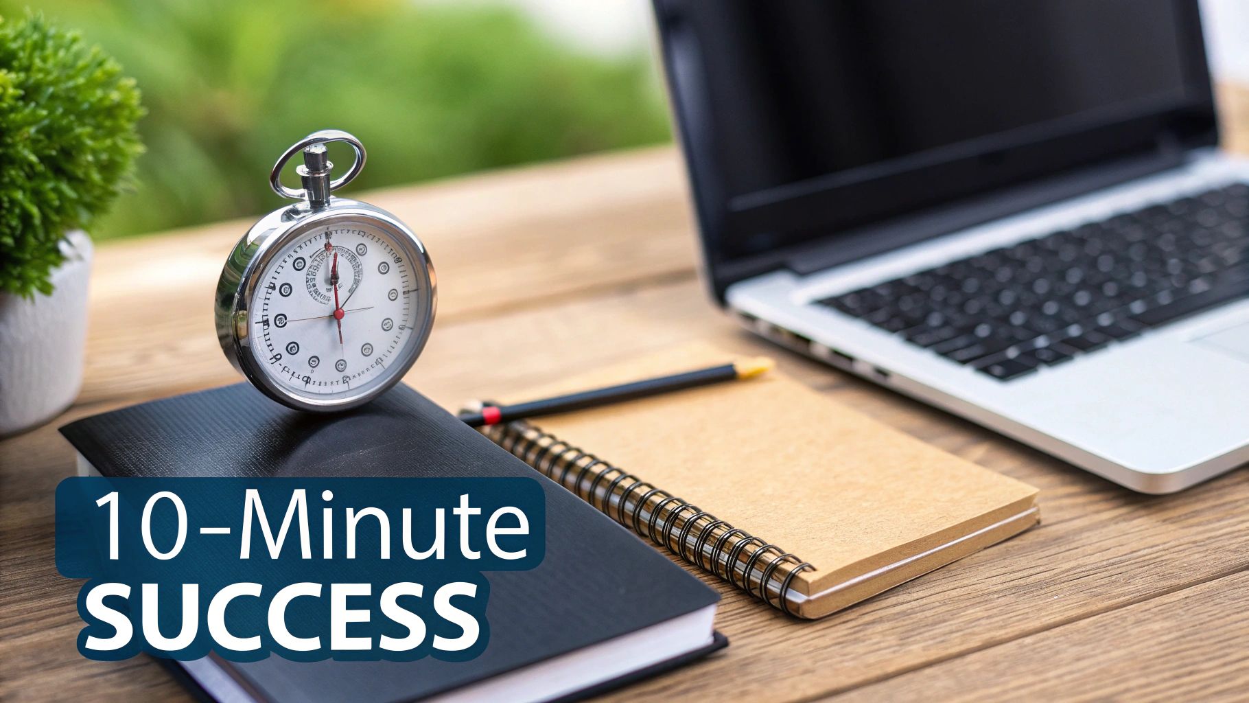 A stopwatch, notebooks, and a laptop on a wooden desk with "10-Minute Success" text.
