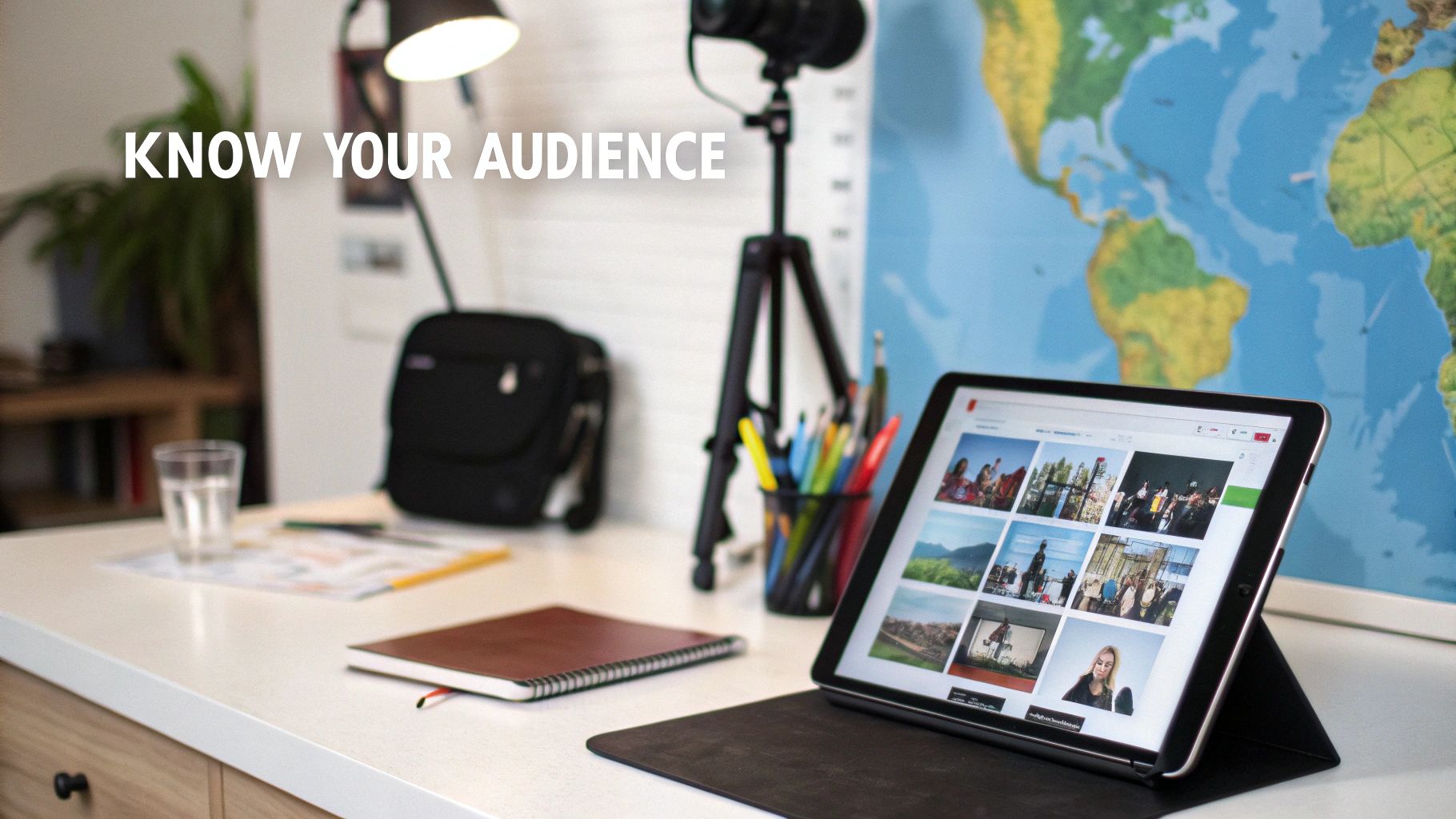 A professional desk setup with a tablet showing photos, a camera, and a world map, with text 'Know Your Audience'.