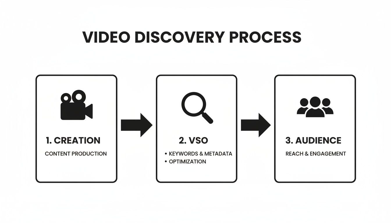 Flowchart illustrating the video discovery process, including content creation, video search optimization, and audience engagement.