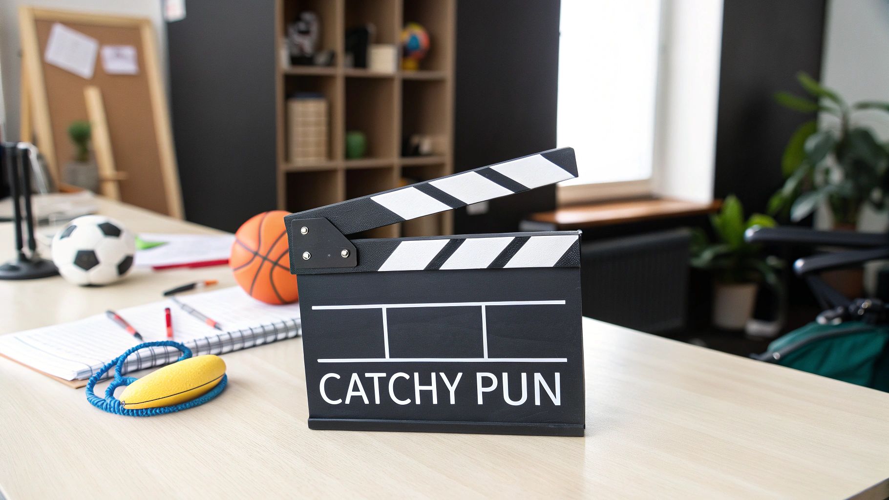 A clapperboard with 'CATCHY PUN' text on a desk with sports balls and notebooks, in an office setting.