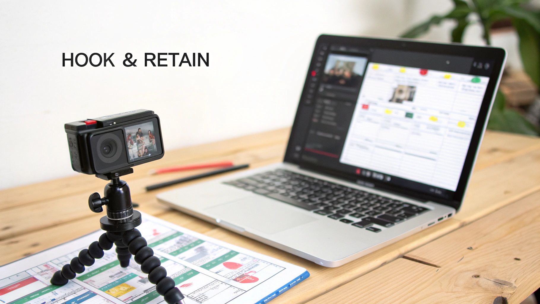 An action camera on a tripod, laptop showing an interface, and documents on a wooden desk, with 'HOOK & RETAIN' text.