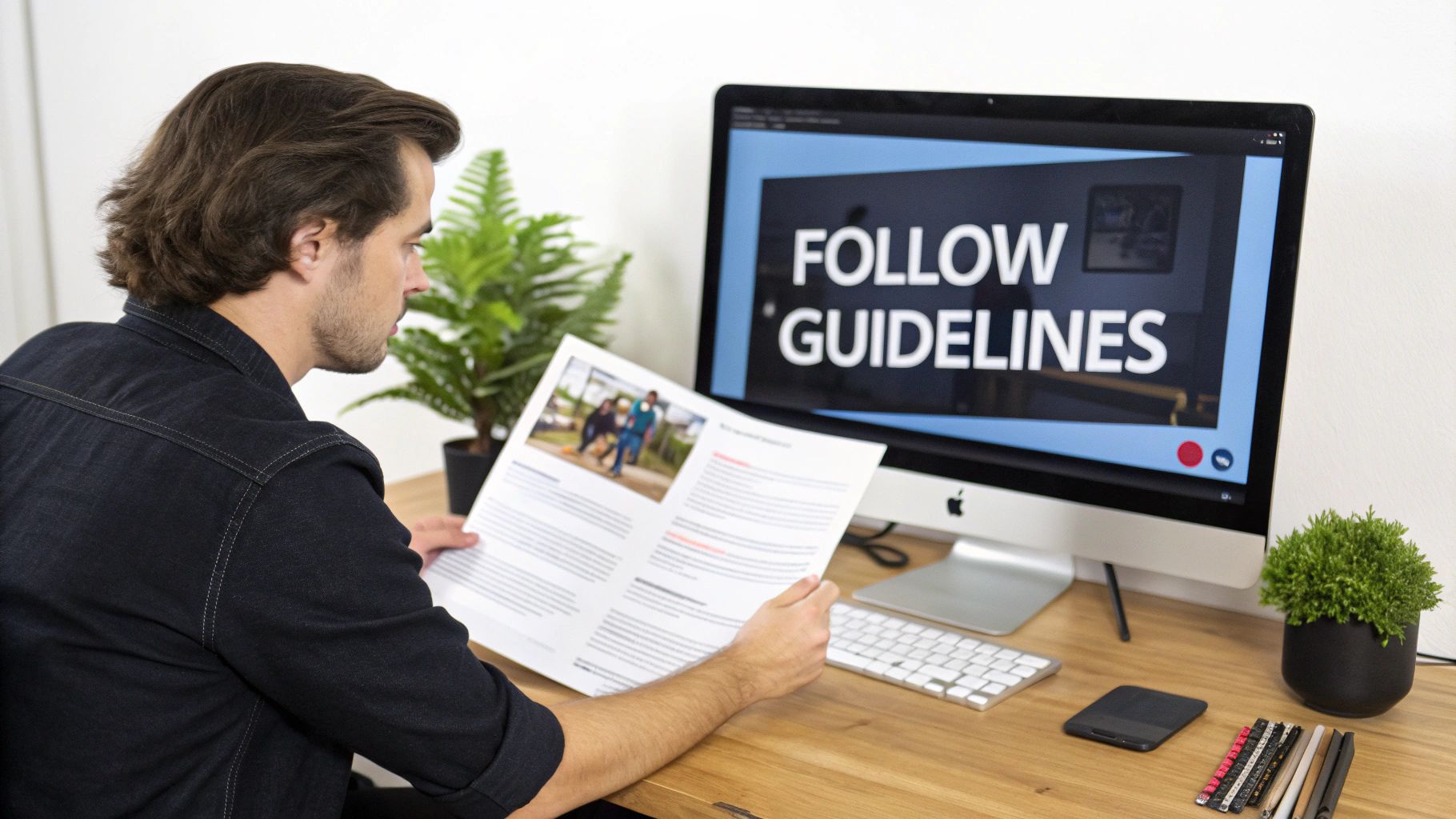 Man reading a document at a desk with an iMac displaying 'FOLLOW GUIDELINES' and office supplies.
