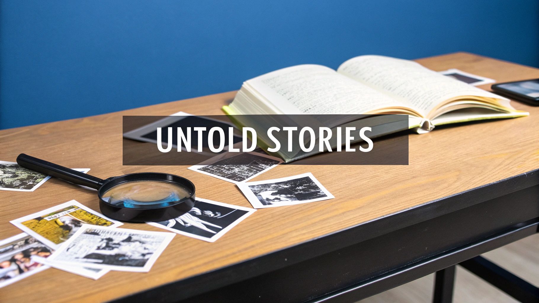A wooden desk with a magnifying glass, scattered old photographs, and an open book, themed "UNTOLD STORIES."