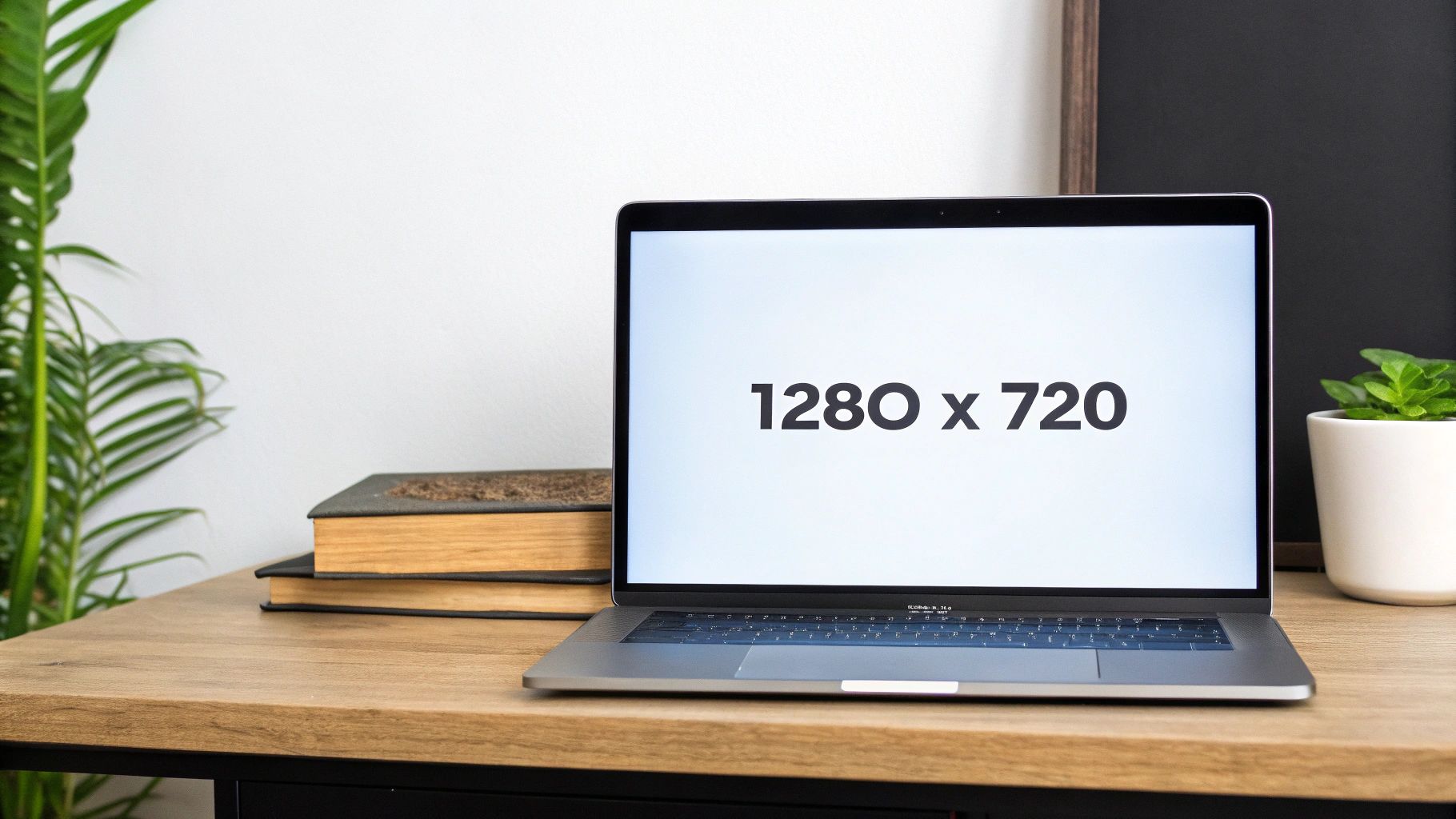 A silver laptop displaying '1280 x 720' on its screen, placed on a wooden desk with books and plants.