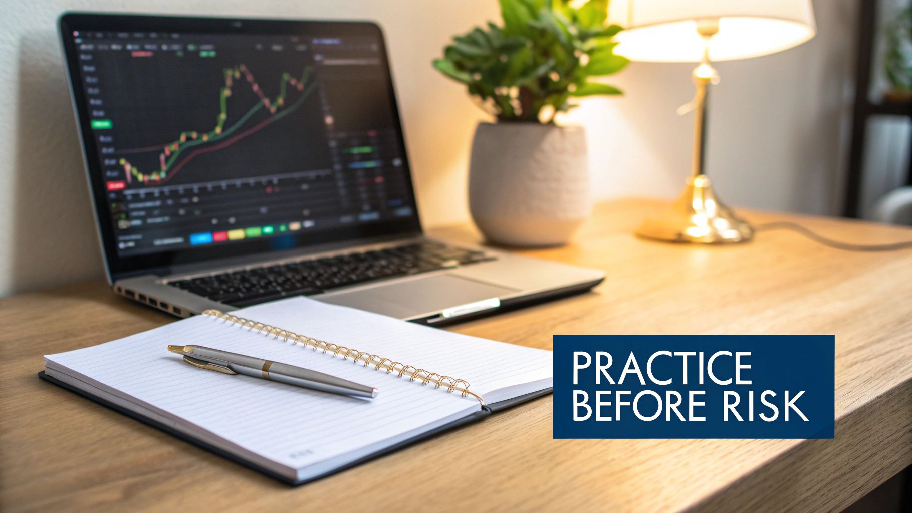 A trader analyzing crypto charts on a computer screen, representing the strategic nature of paper trading.