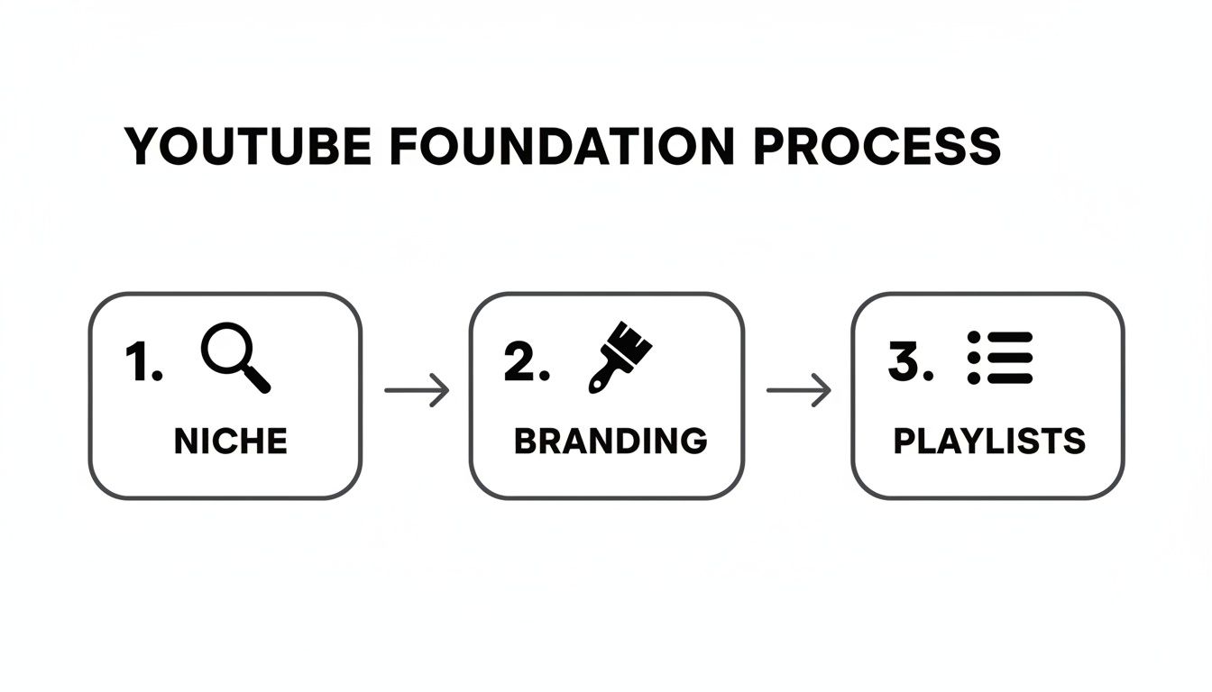 Diagram showing the YouTube foundation process with Niche, Branding, and Playlists steps.