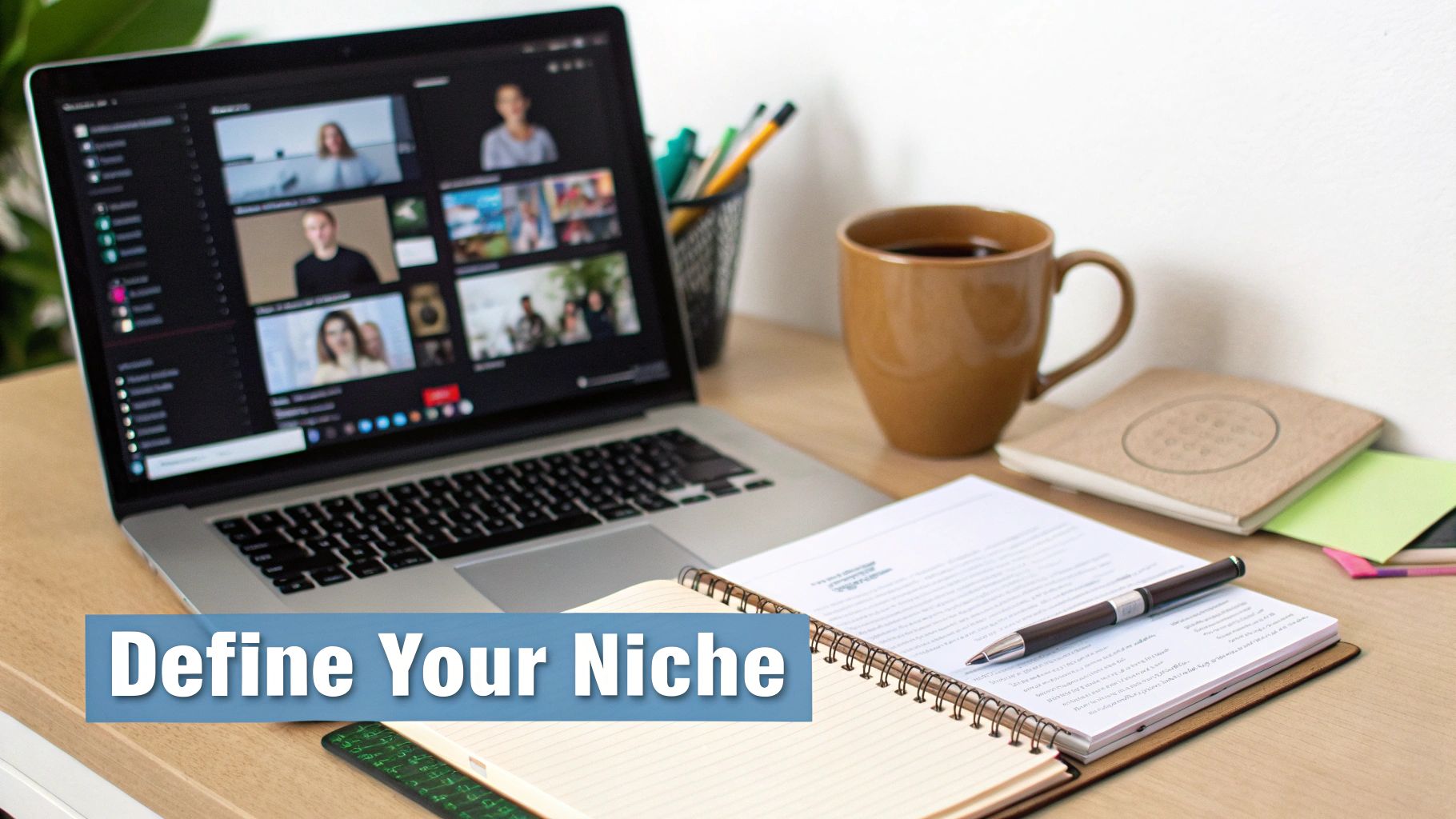 A laptop showing a video conference call on a wooden desk with a coffee mug and notebooks.