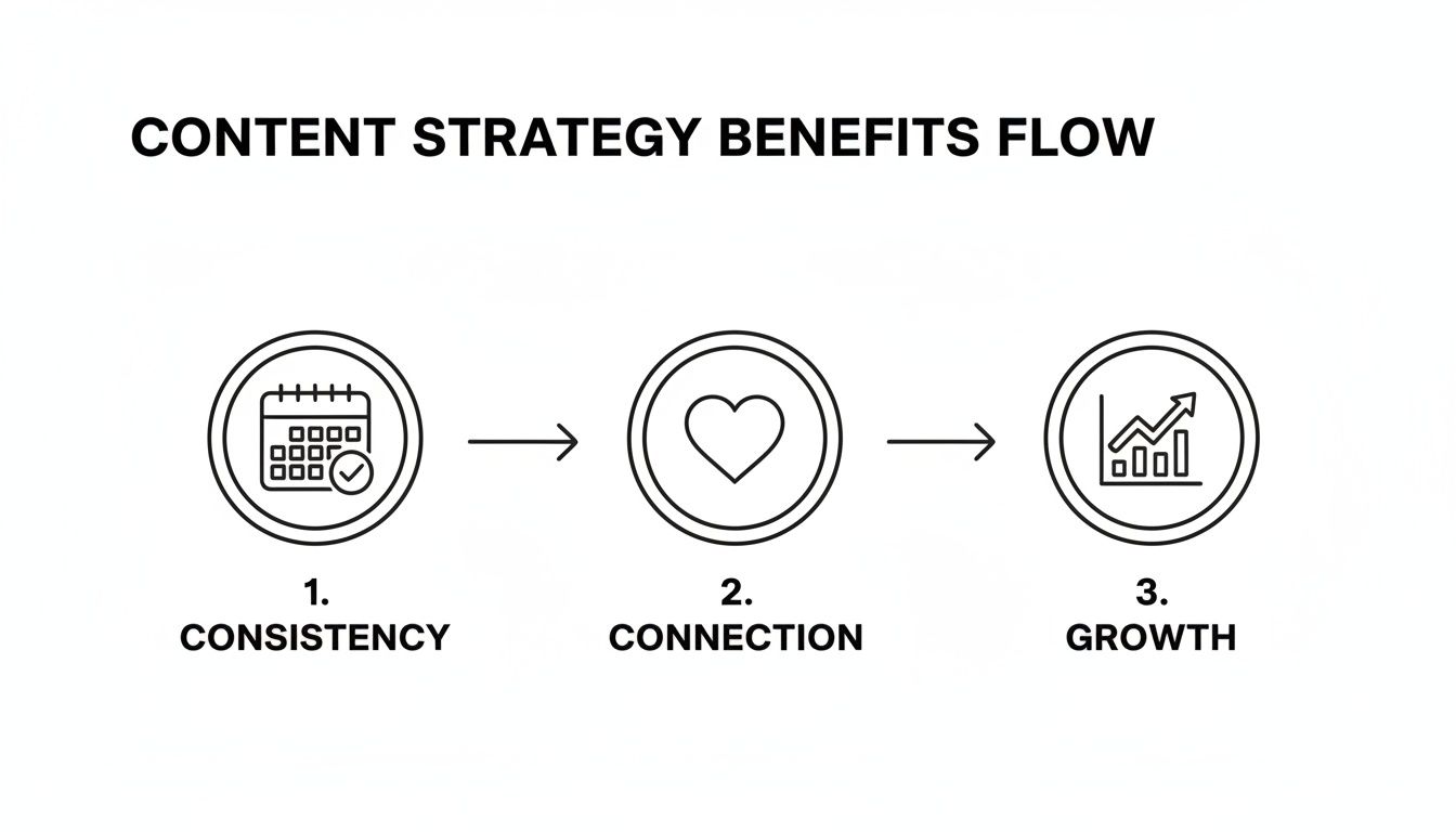 Flowchart showing content strategy benefits: consistency leads to connection, which leads to growth.