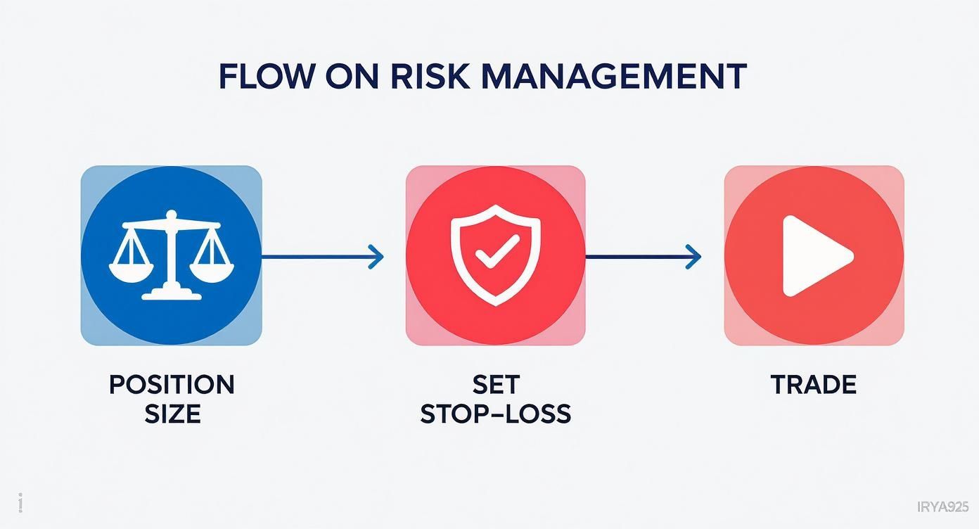 Infographic showing the risk management process flow for algorithmic trading, starting with position sizing, then setting a stop-loss, and finally executing the trade.