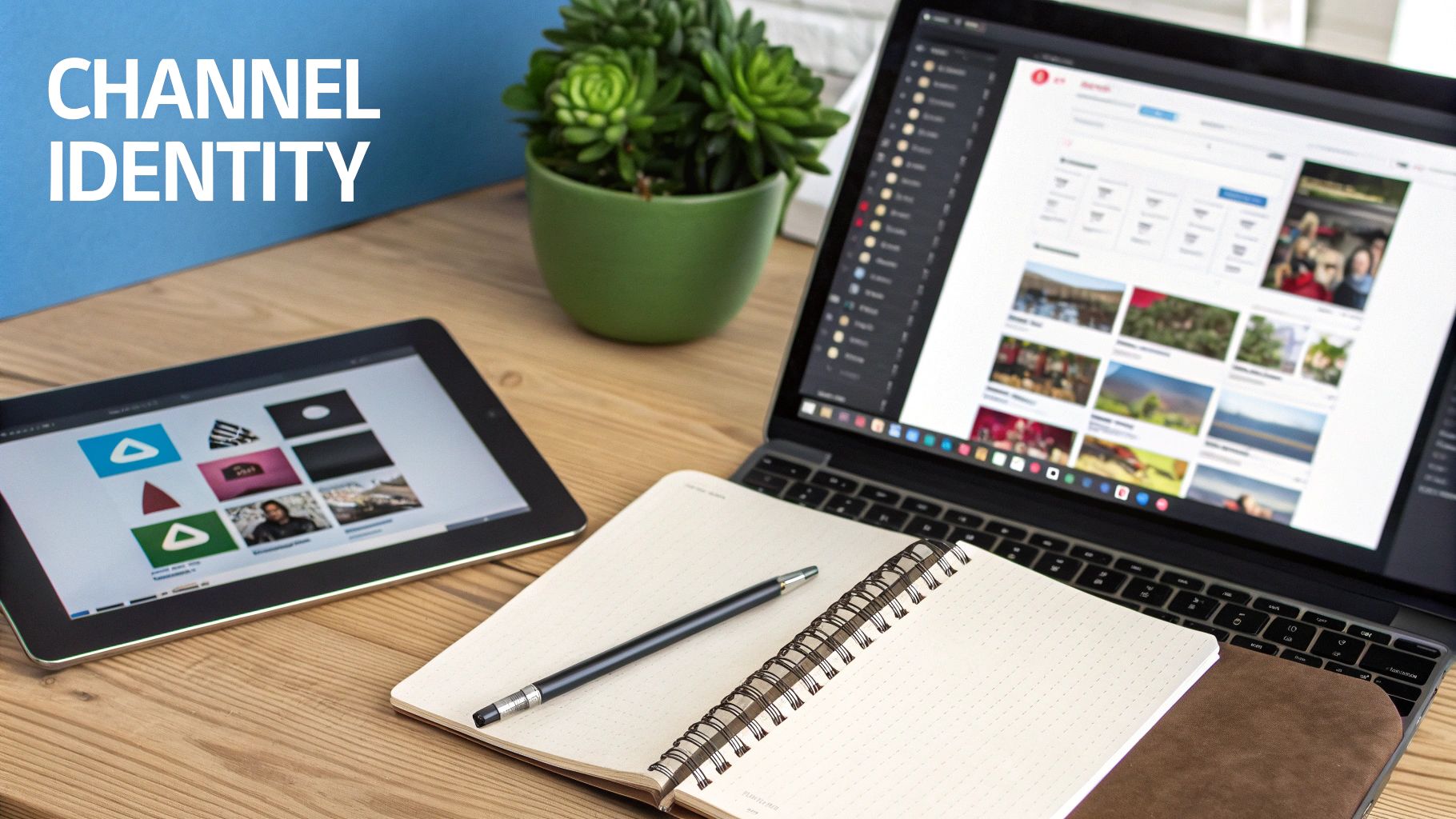 A desk with a laptop showing video content, a tablet with channel branding, a notebook, and a plant.