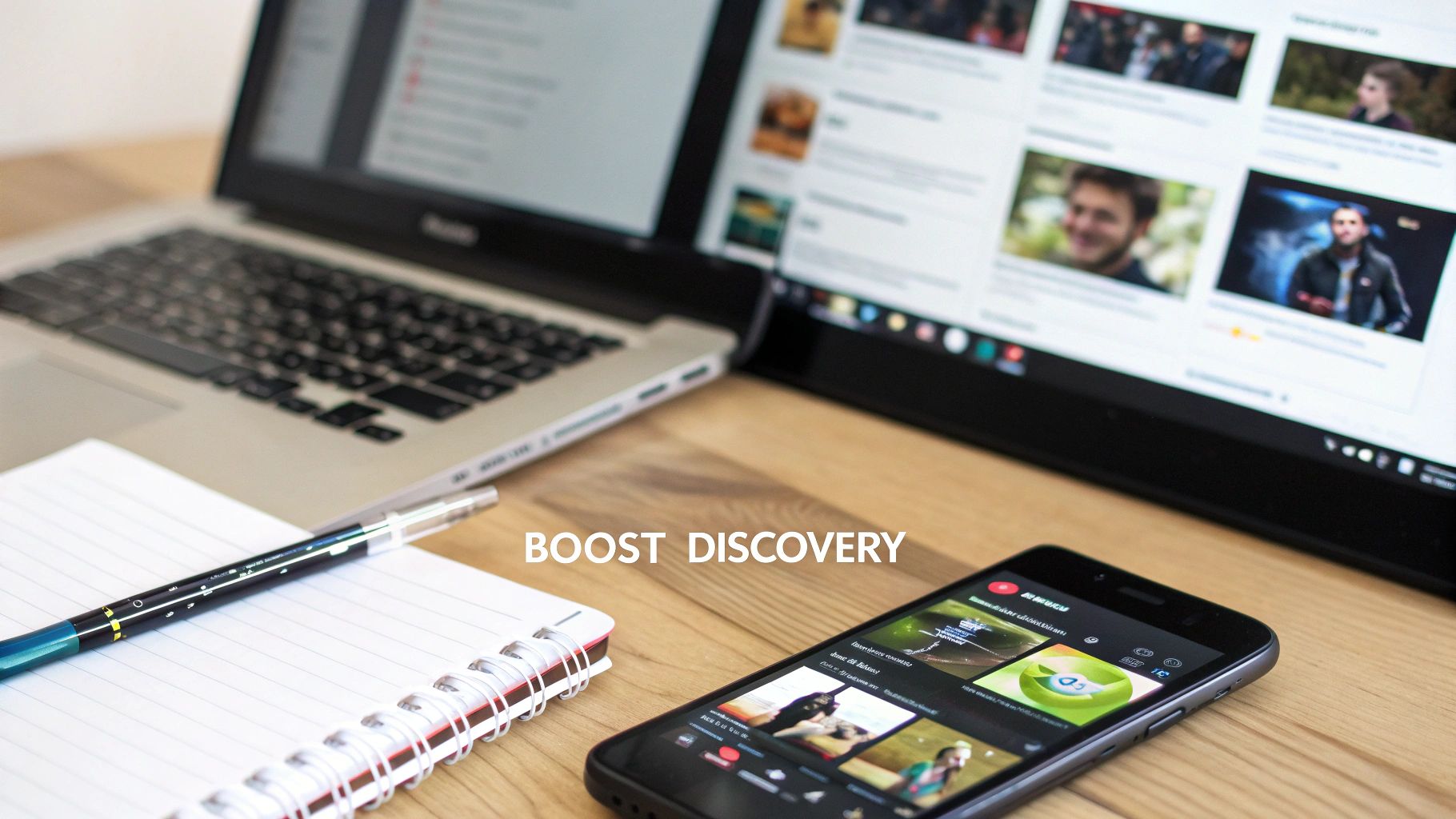 A laptop and smartphone on a wooden desk, both displaying online content, beside a notebook and pen.