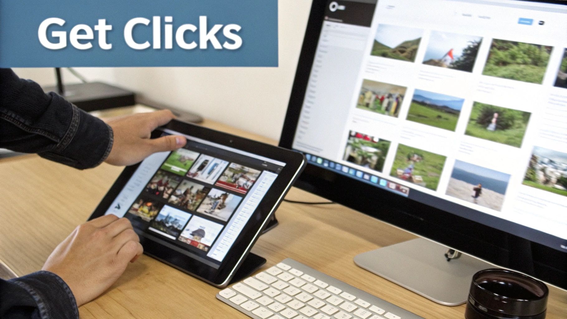 A person's hands using a tablet and a computer monitor, both displaying grids of images, with a 'Get Clicks' banner.