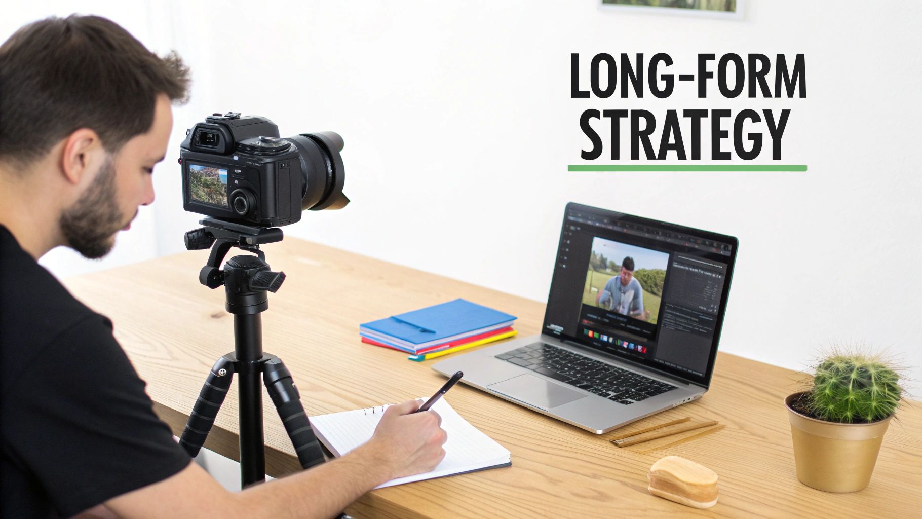 Man planning long-form video strategy, filming with a camera, and editing content on a laptop.