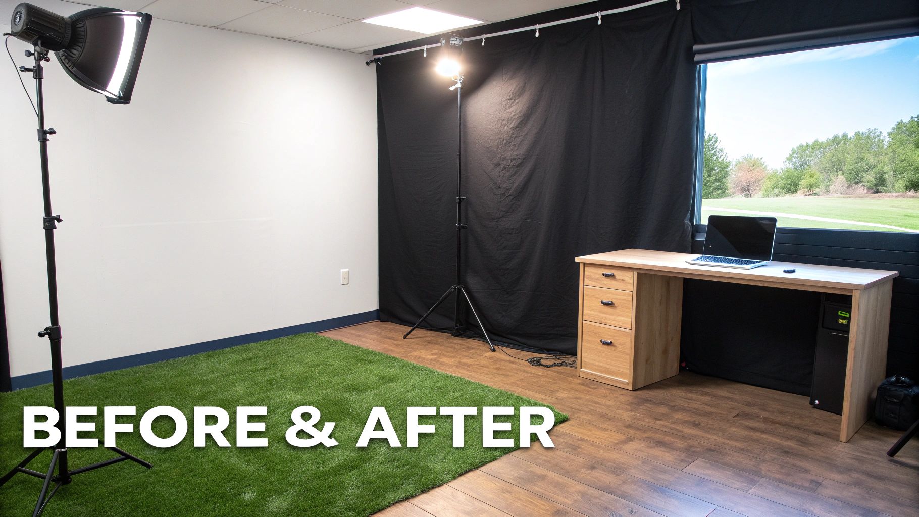 A room set up with a photography light, black backdrop, wooden desk with a laptop, and artificial grass on the floor.