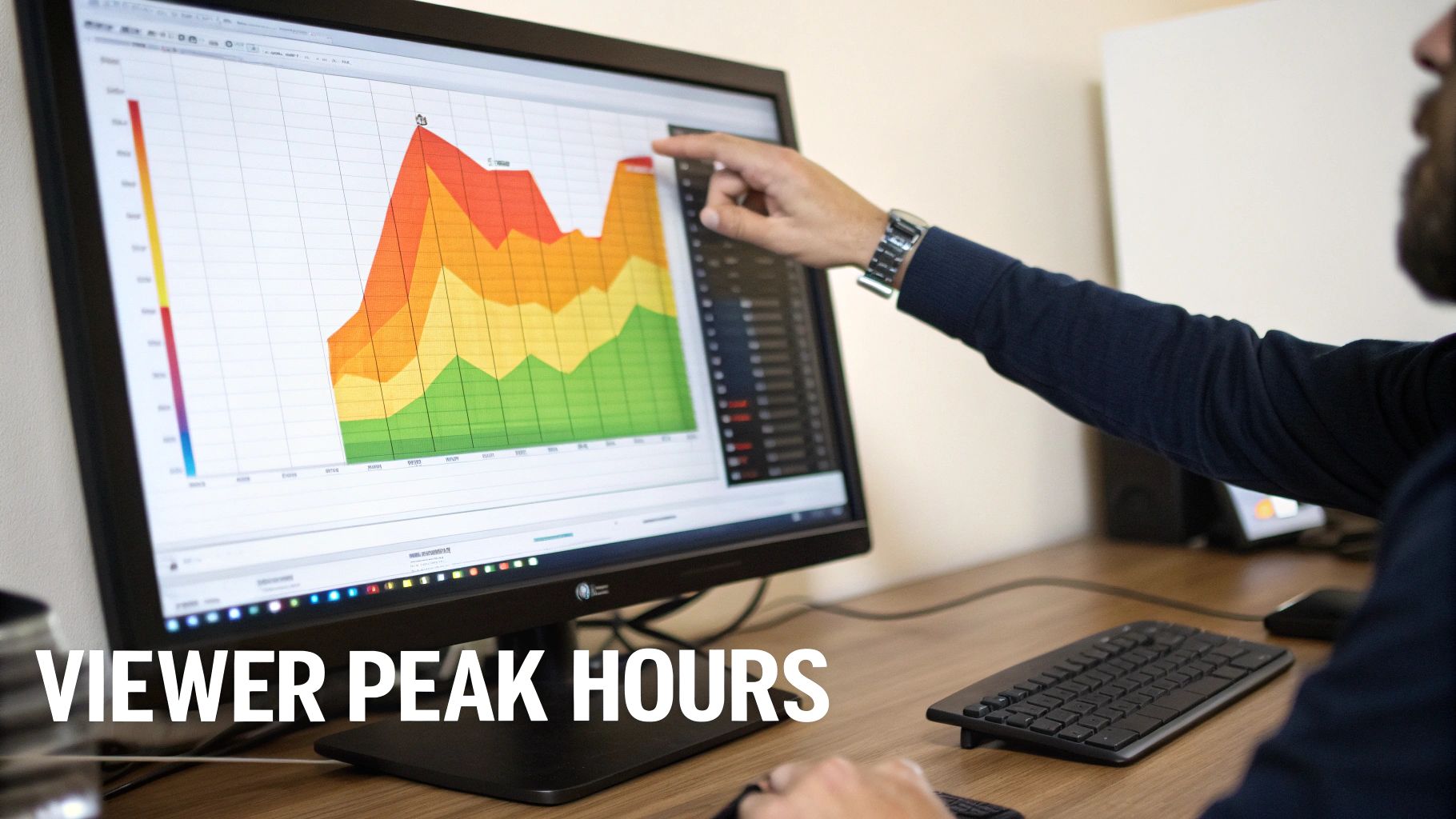 A person's hand points at a computer monitor displaying a colorful area chart showing viewer peak hours data.