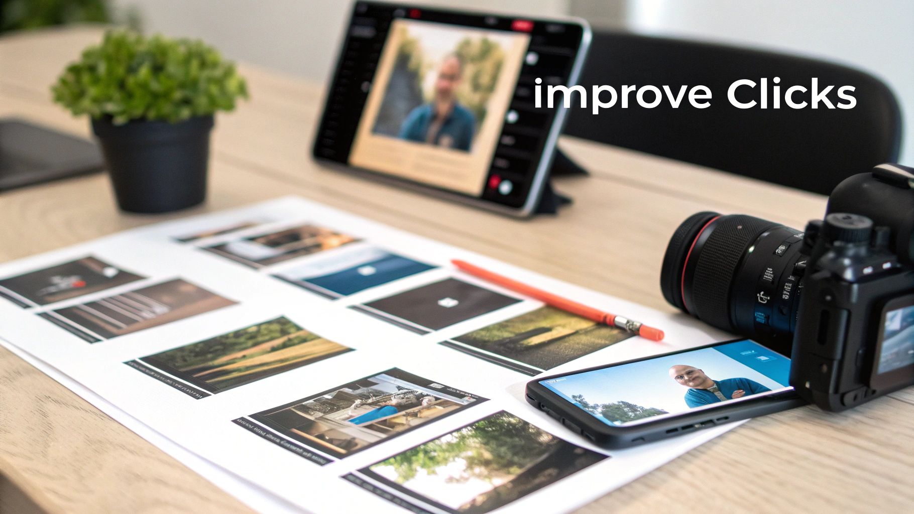 A photography workflow desk with a tablet, smartphone, camera, and printed photos, showing a man on screens.