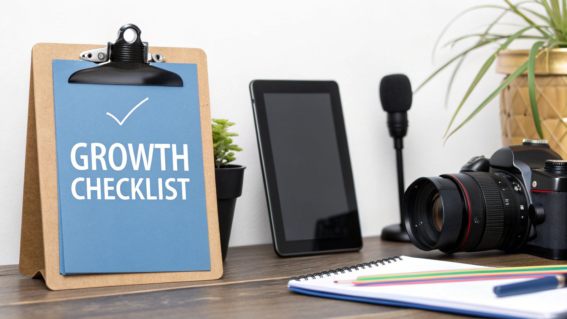 A clipboard with a 'Growth Checklist' on a blue paper, surrounded by a camera, tablet, and microphone on a wooden desk.