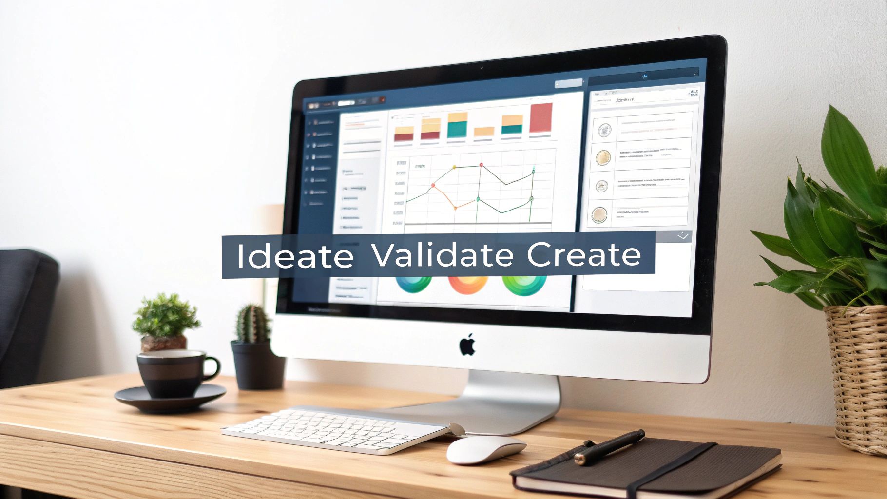 A modern desk with an iMac displaying charts and a banner 'Ideate Validate Create', alongside plants and office supplies.