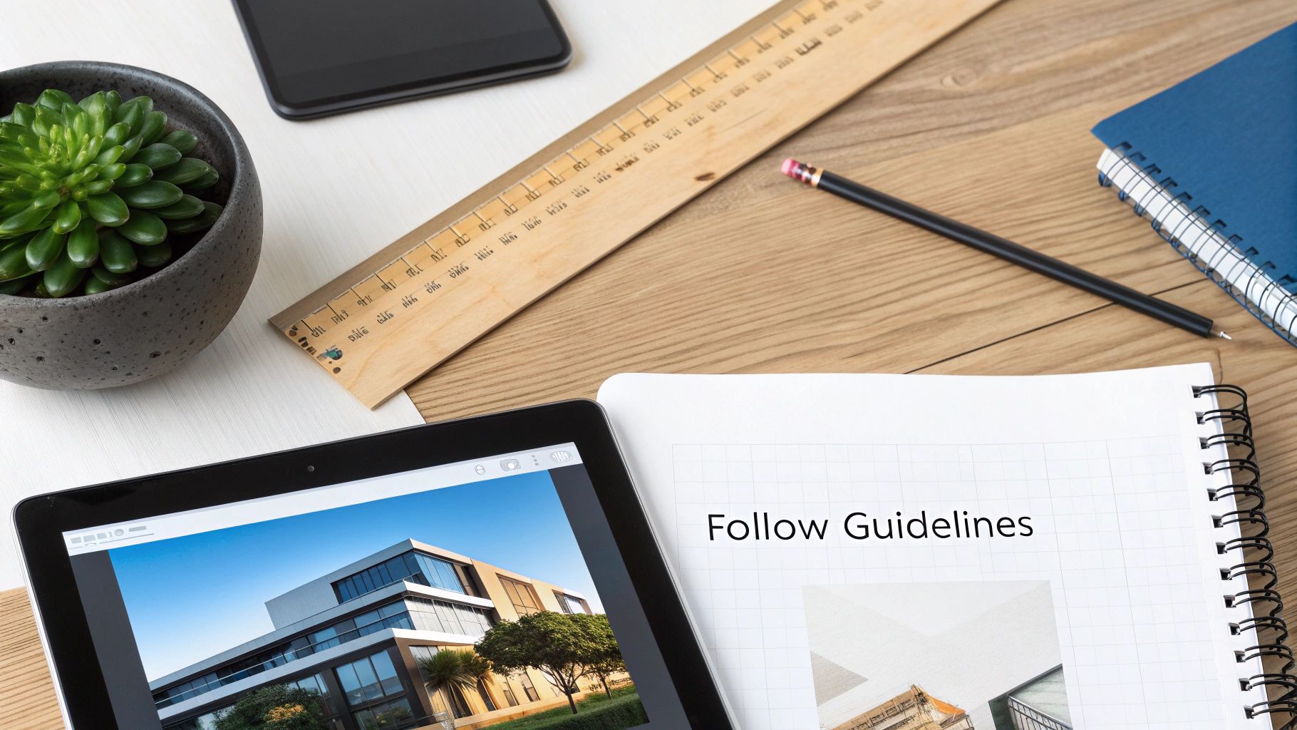 A flat lay of a professional desk with a tablet, notebook, ruler, pencil, and succulent.