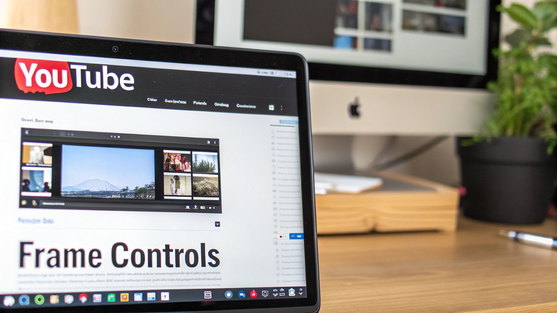 Laptop displaying YouTube video editor with frame controls interface on wooden desk workspace
