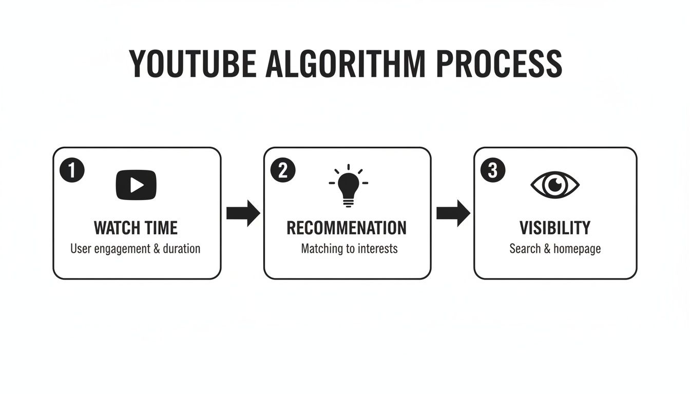 A diagram illustrating the YouTube algorithm process: Watch Time leads to Recommendation, leading to Visibility.