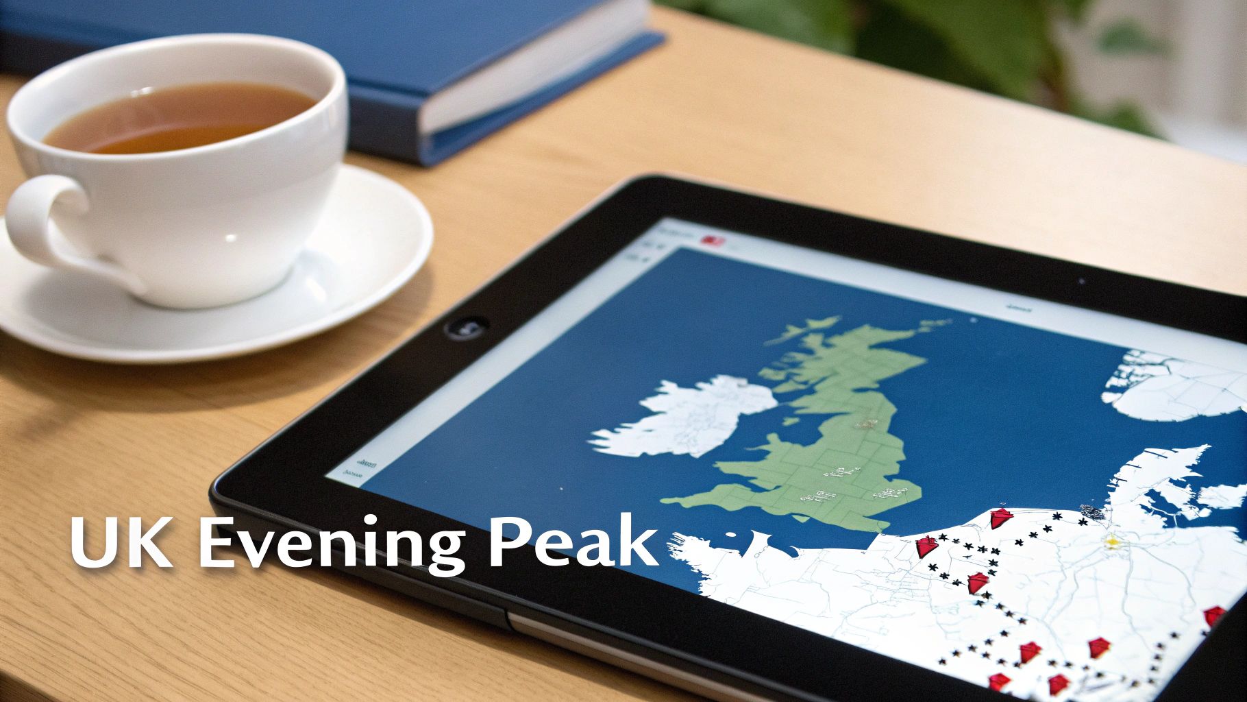 A white tea cup, a blue book, and a tablet displaying a UK map with 'UK Evening Peak' text.