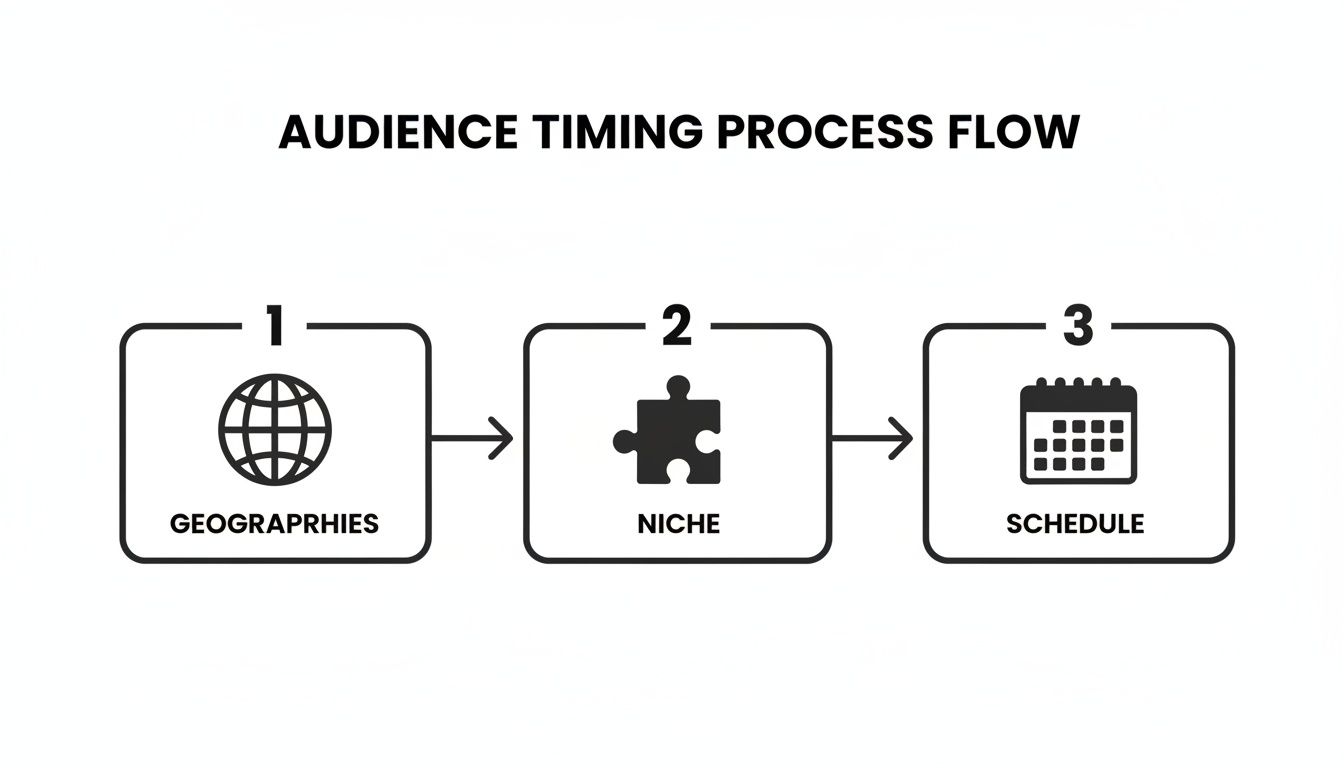 Process flow diagram illustrating audience timing by considering geographies, niche, and schedule.