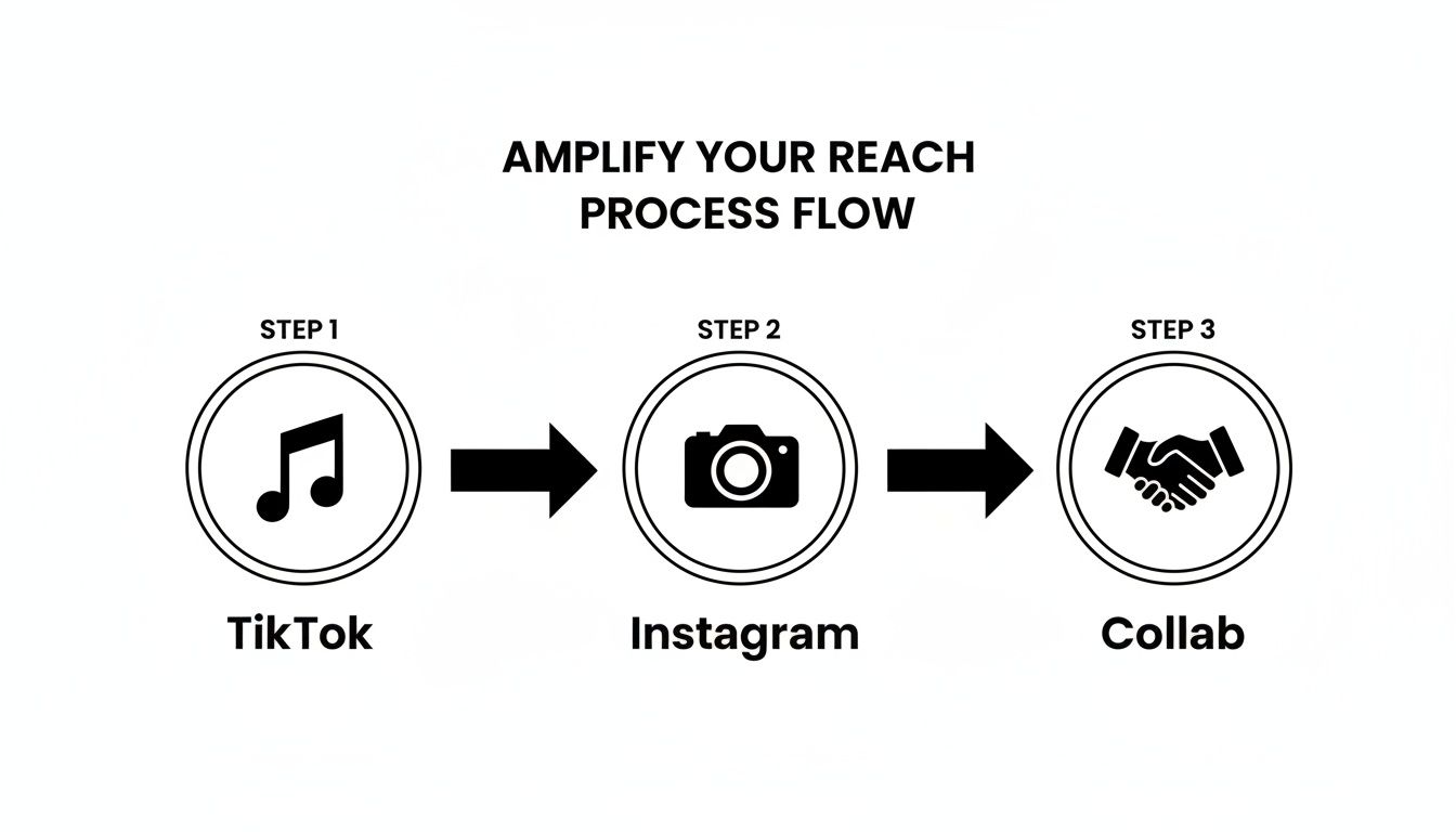 Process flow showing how to amplify reach using TikTok, Instagram, and collaborations.