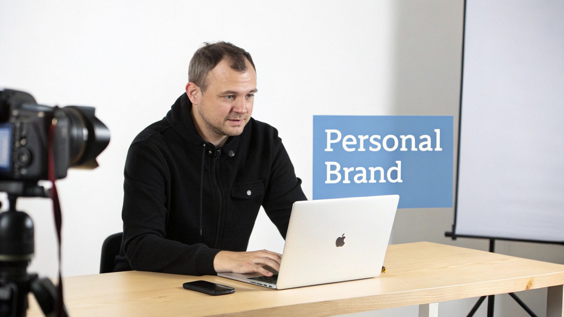 A man in a black hoodie records a video on his laptop next to a 'Personal Brand' sign.