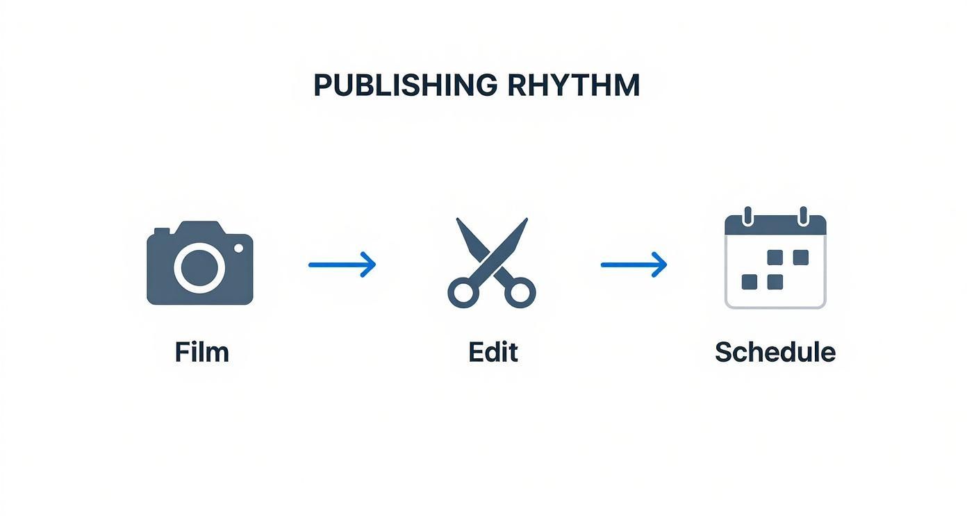 Infographic showing a process flow for video production with icons for Film, Edit, and Schedule.