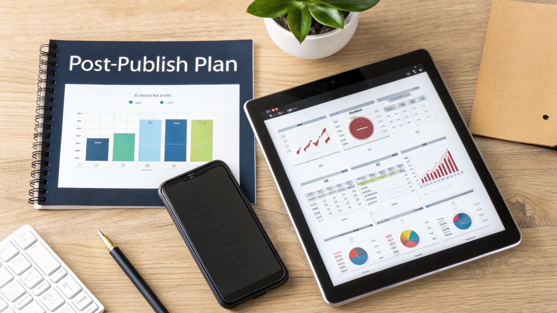 A flat lay of a desk with a 'Post-Publish Plan' notebook, tablet, smartphone, and office items.