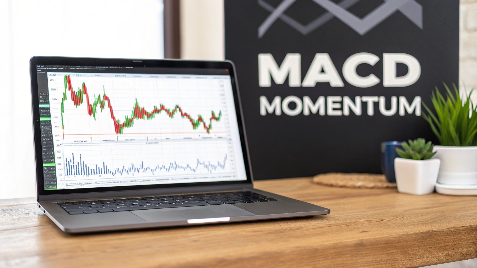 A chart showing the MACD indicator below the price candles, highlighting its components like the MACD line, signal line, and histogram.
