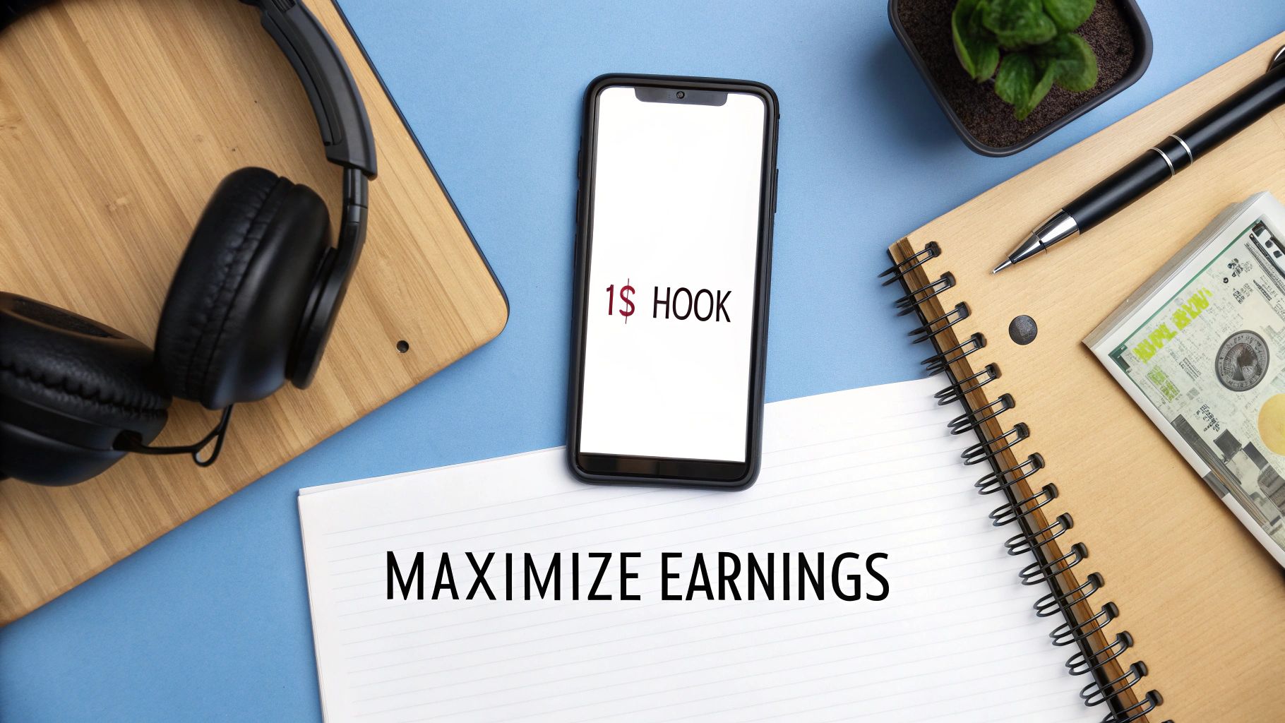 Smartphone displaying one dollar hook strategy to maximize earnings with notebook and headphones