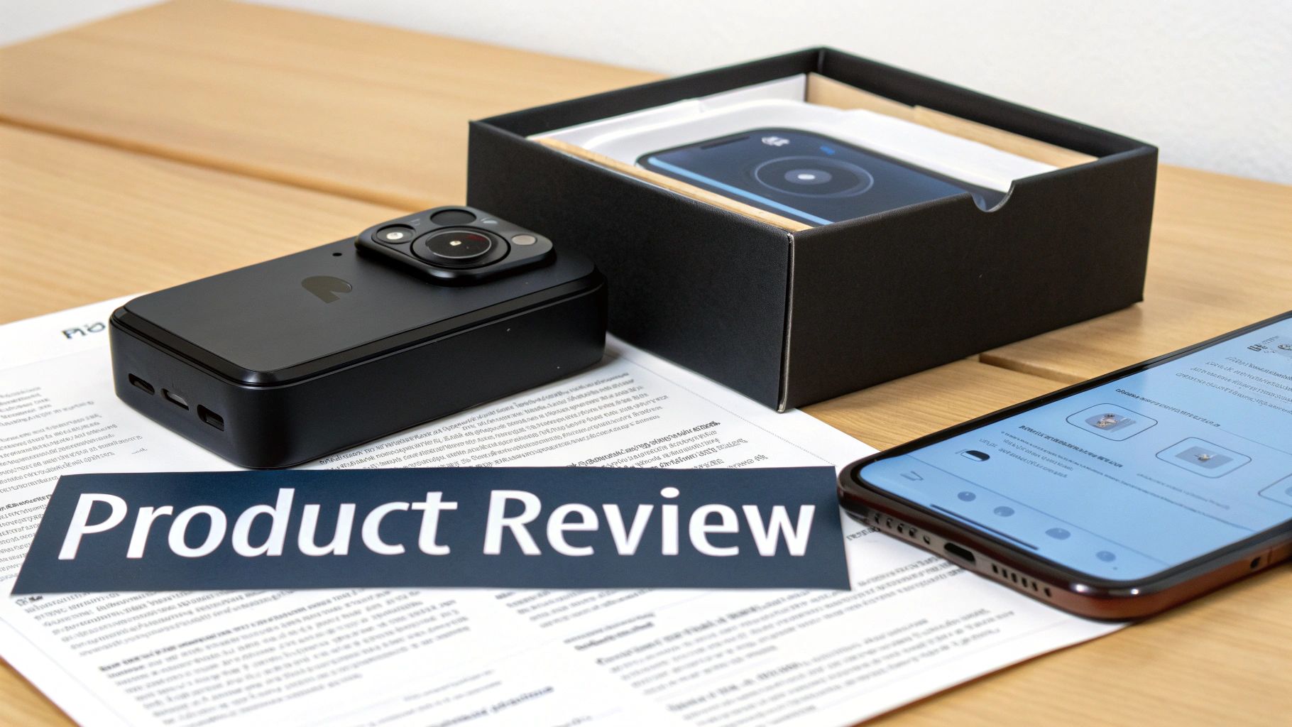 A black compact camera, its box, and a smartphone on a desk with a 'Product Review' banner.