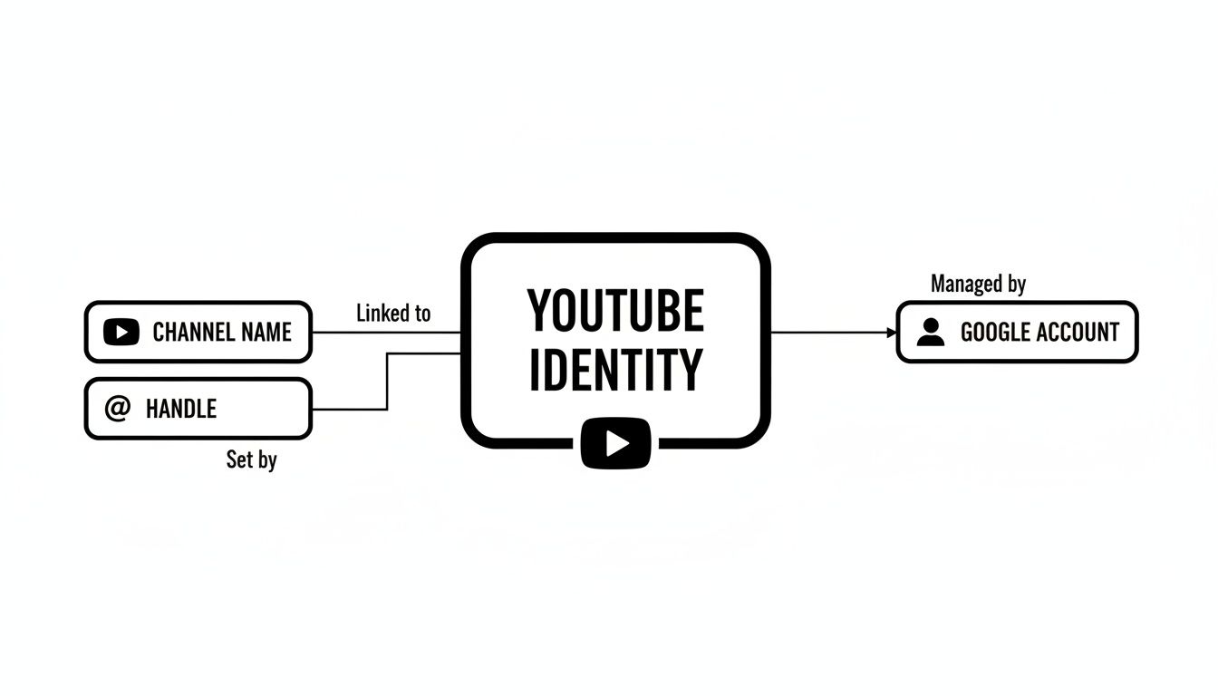 Diagram illustrating YouTube Identity linked to Channel Name and Handle, managed by a Google Account.