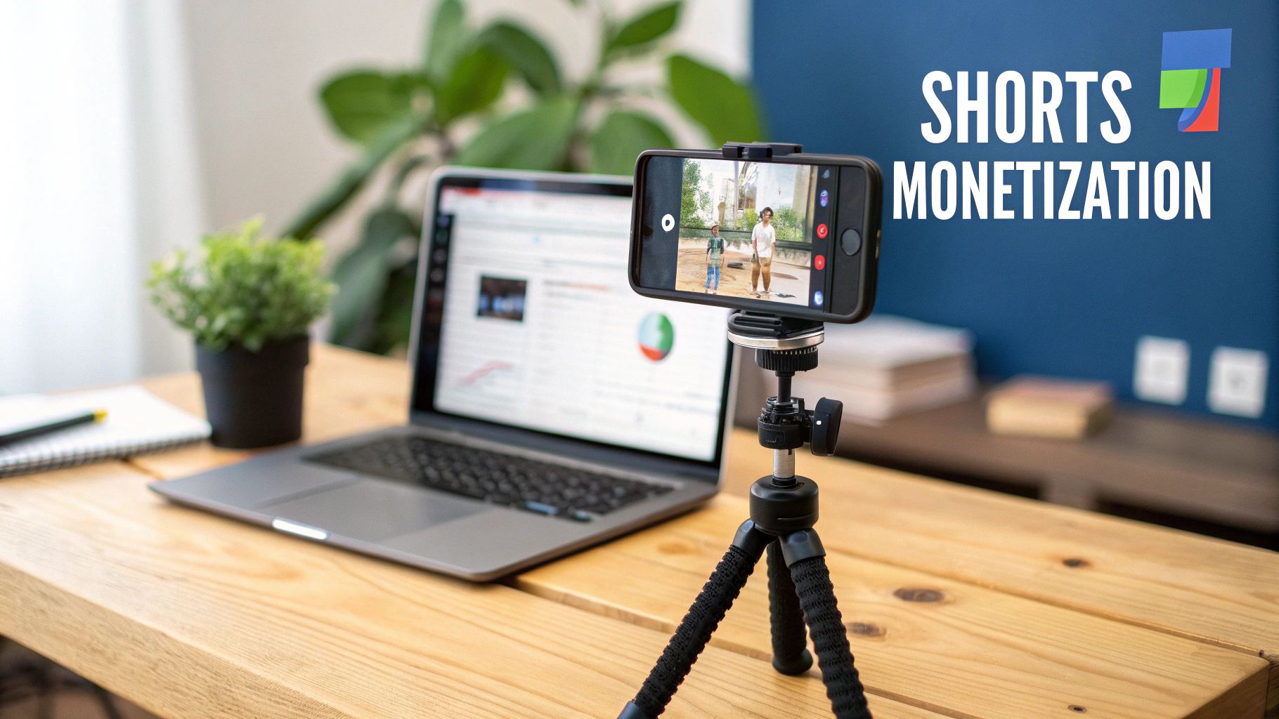 Smartphone on tripod recording YouTube Shorts content with laptop displaying monetization analytics on wooden desk