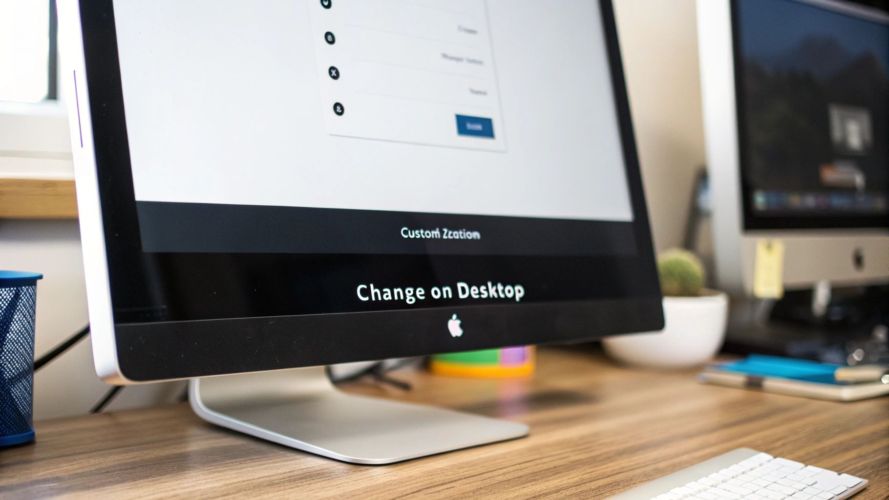 A close-up of an Apple iMac screen displaying 'Change on Desktop' text in a modern workspace.
