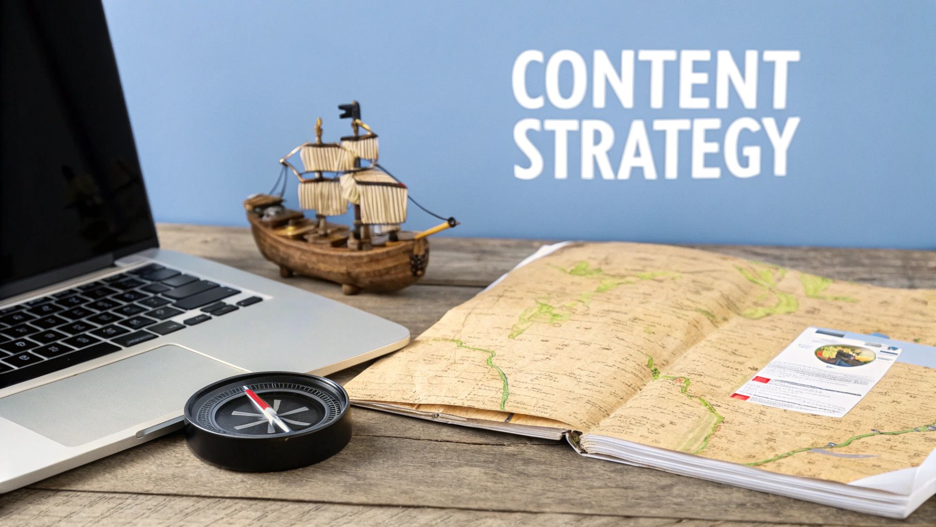 A desk setup with a laptop, compass, map book, ship, and 'Content Strategy' text.