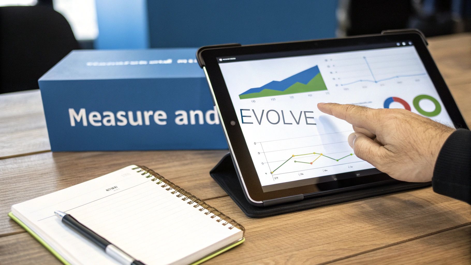 A person's hand touches a tablet displaying business charts and the word EVOLVE.