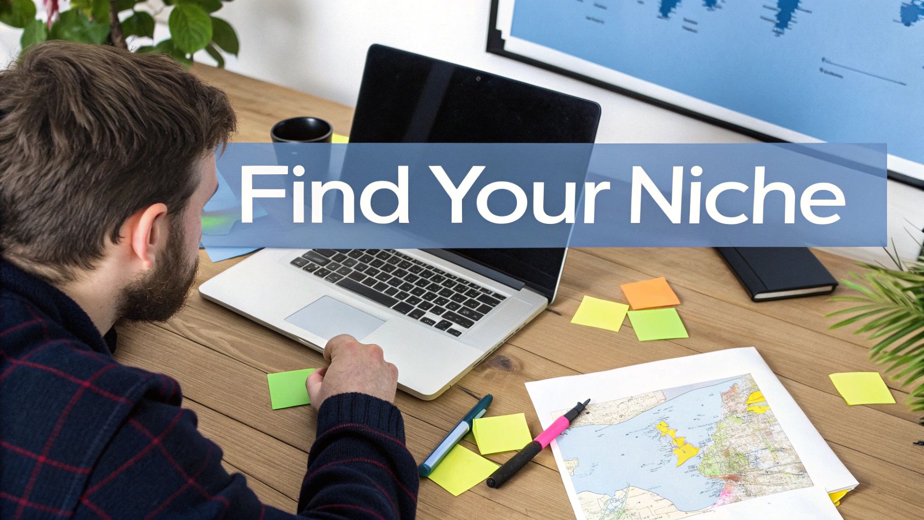 A man at a desk with a laptop, map, and sticky notes, with the text 'Find Your Niche' overlaid.