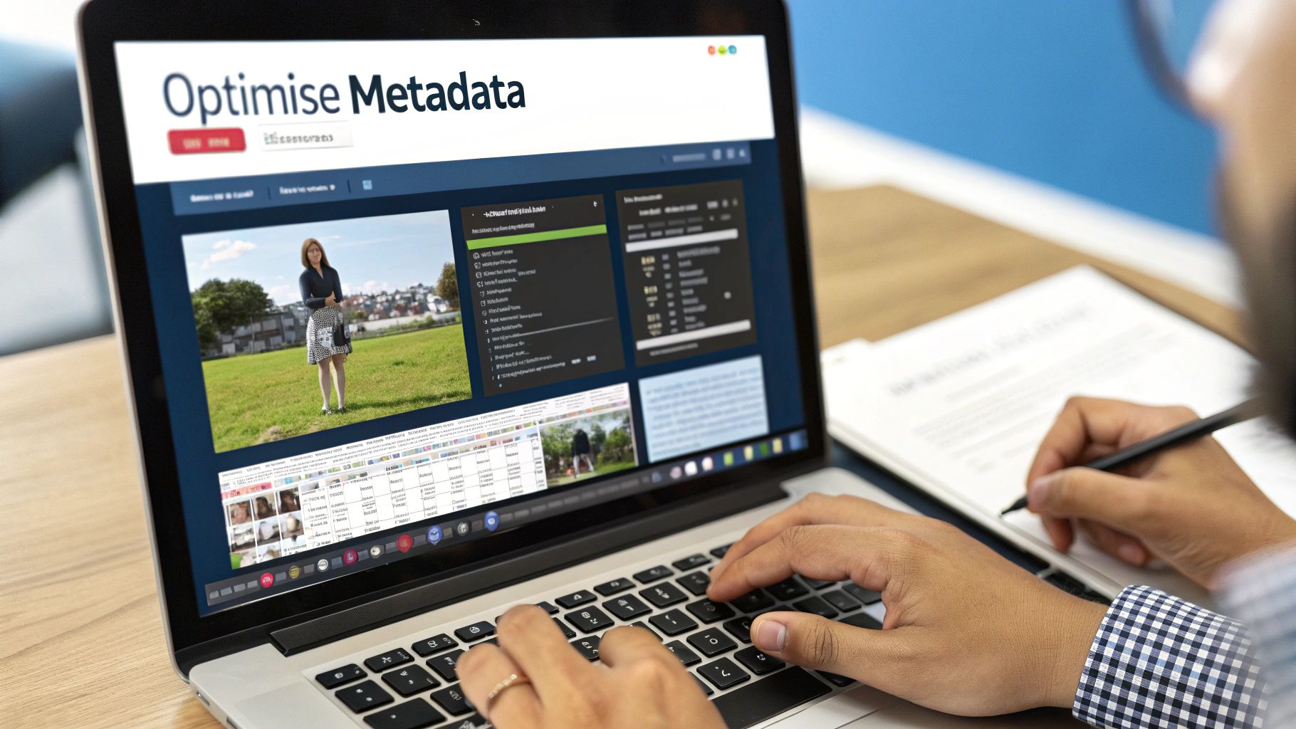 Person optimizing video metadata on a laptop, displaying a woman in a field, while taking notes.