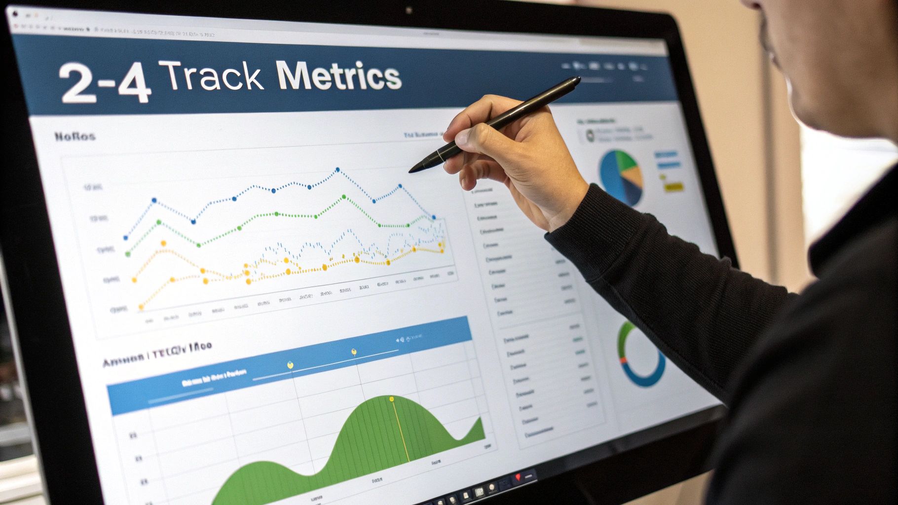 Person analyzing performance metrics and data visualization charts on laptop screen with stylus pen
