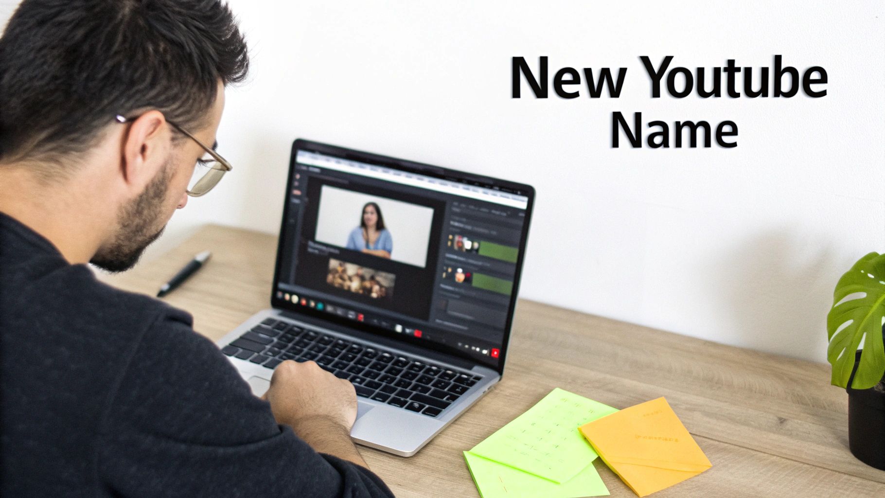 A man is editing a video on his laptop with 'New Youtube Name' visible on the wall.