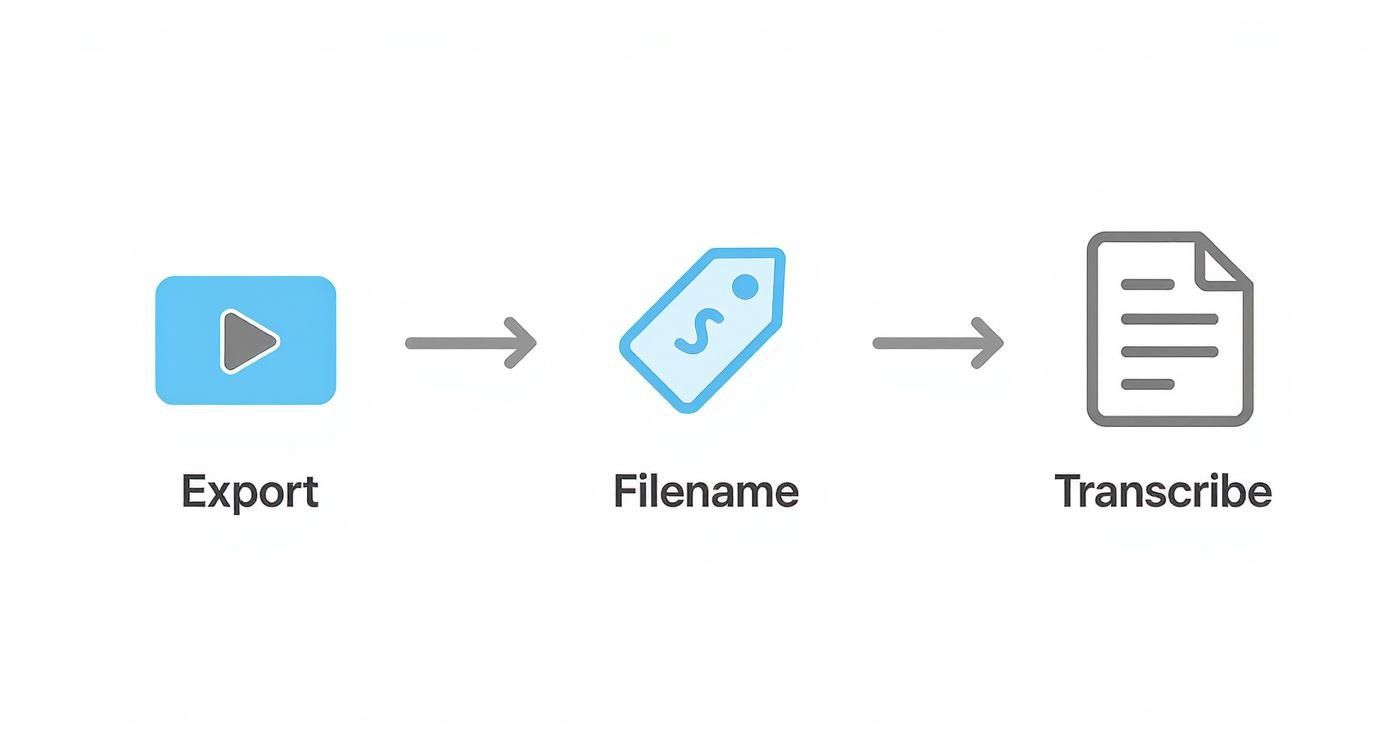 A workflow diagram illustrating three steps: Exporting a video, naming the filename, and then transcribing it.