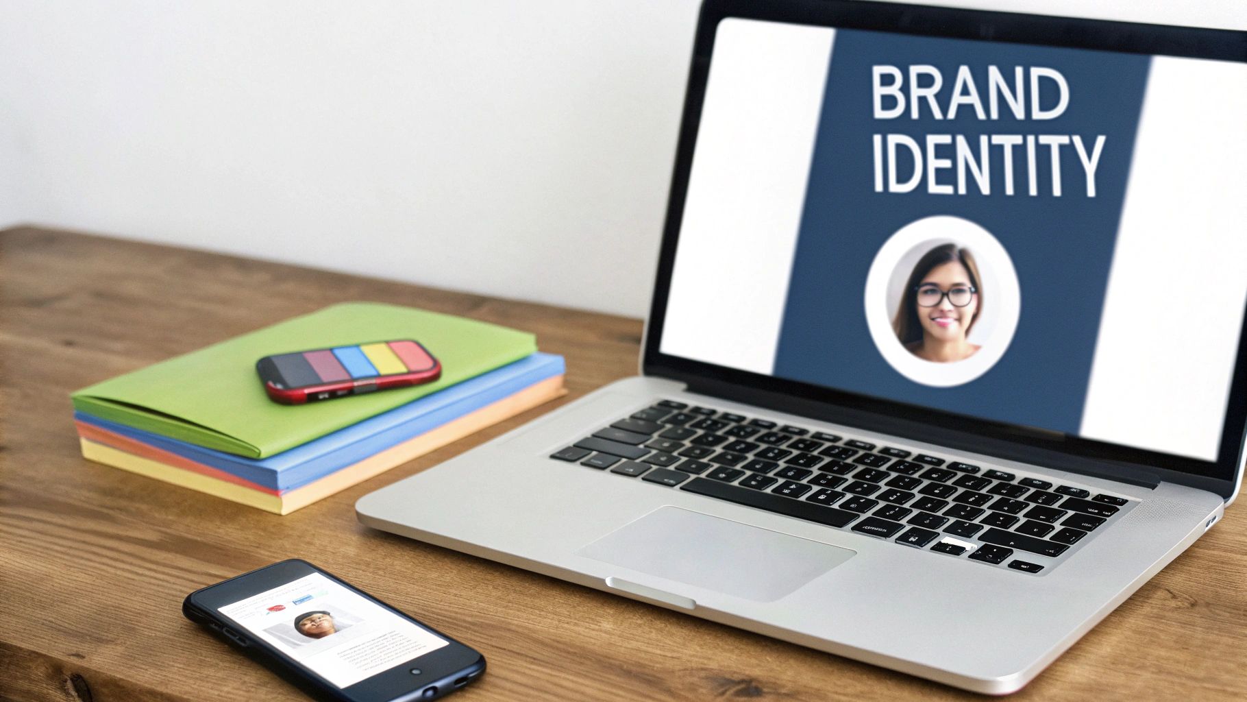 A wooden desk with a laptop displaying 'Brand Identity', colorful folders, and two smartphones.