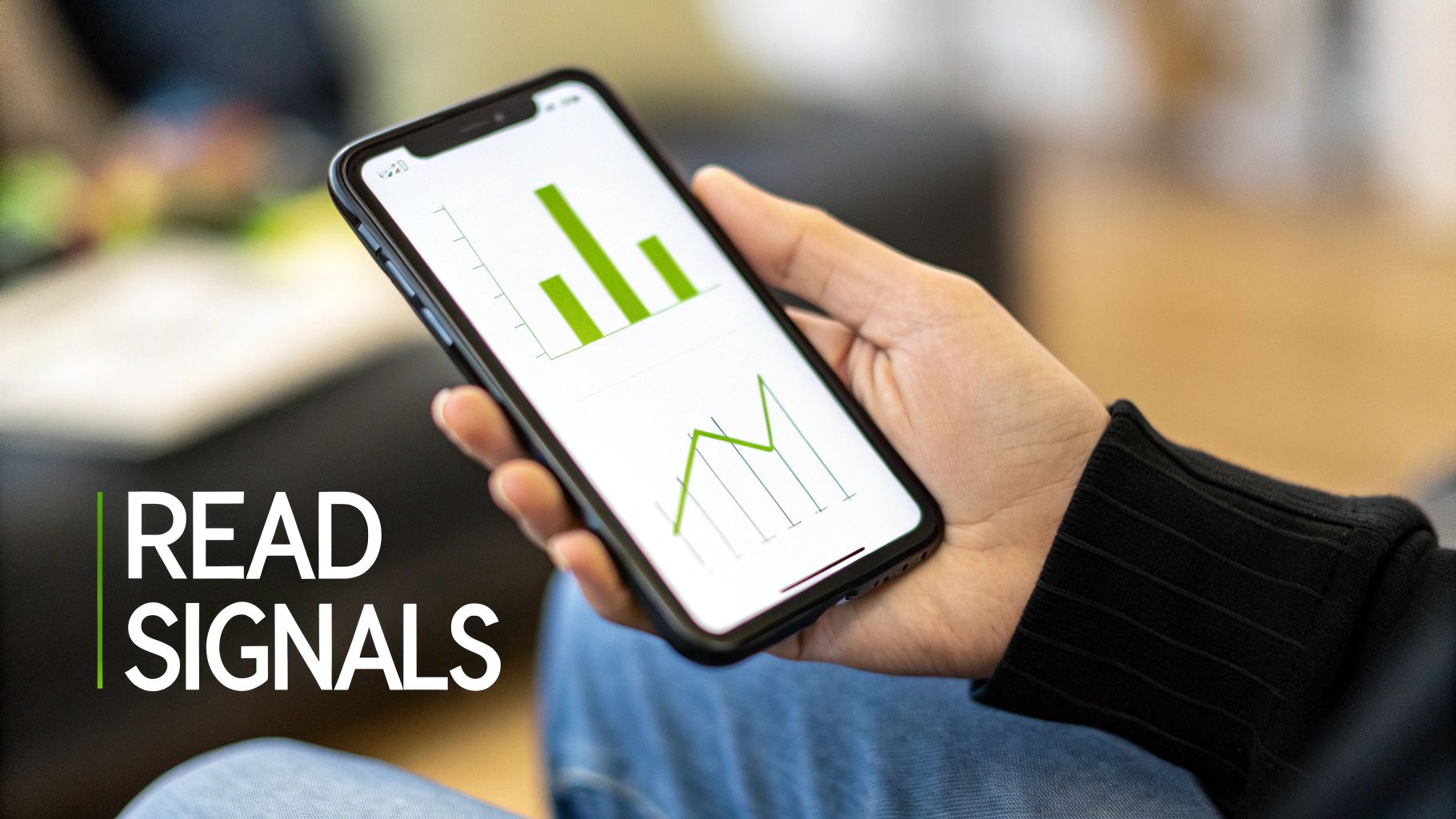 A person holds a smartphone displaying a bar chart and a line graph for data analysis.