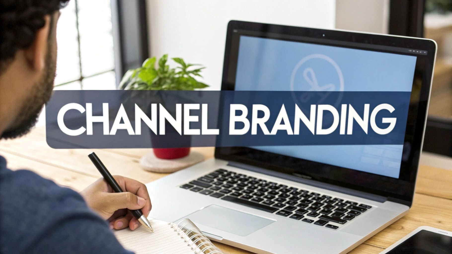 Man writing notes, laptop displaying 'CHANNEL BRANDING' on screen, concept of digital strategy.