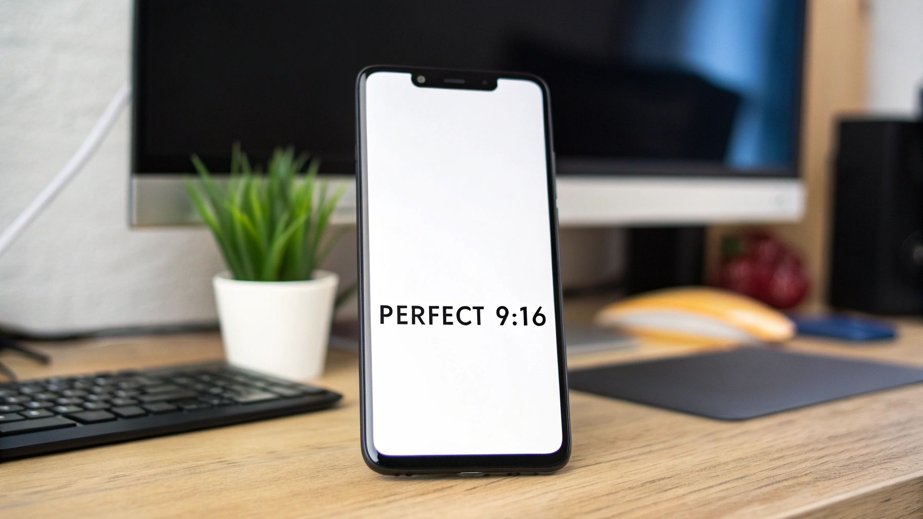 A smartphone displaying 'PERFECT 9:16' on a white screen, standing on a wooden desk with a computer and plant.