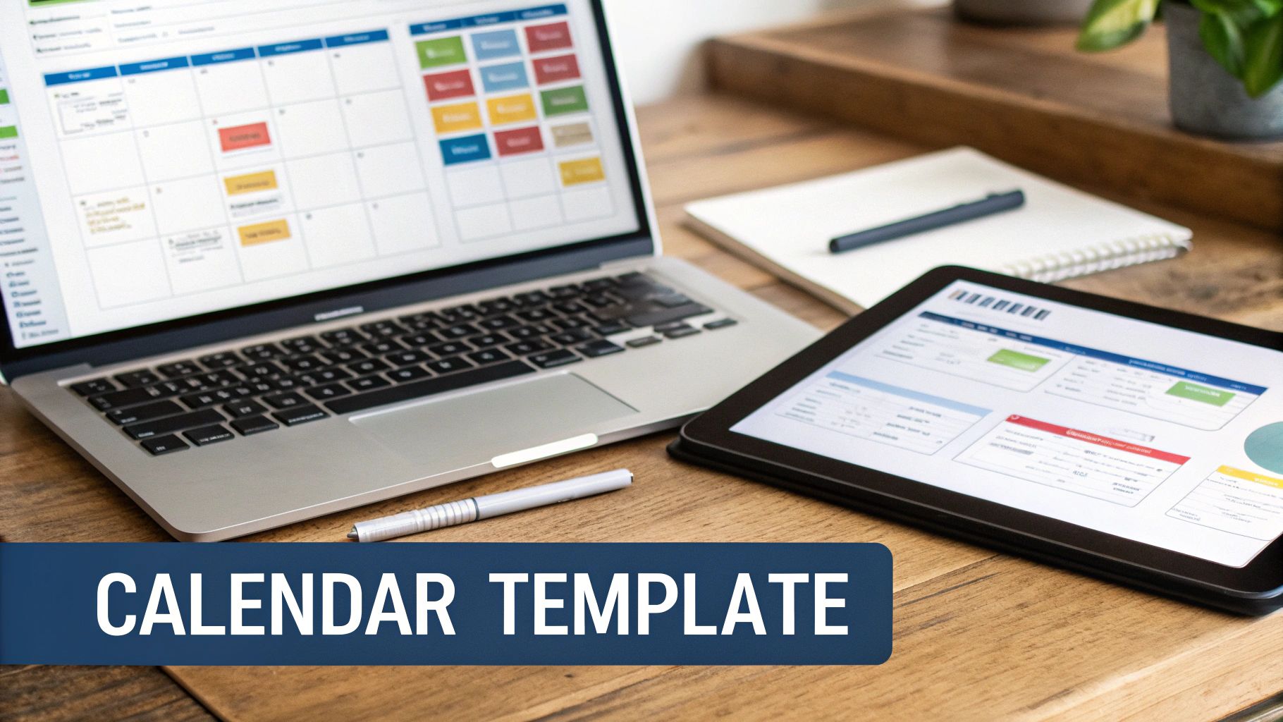 A person working on a laptop with a calendar and charts on the screen, illustrating the process of choosing a content calendar tool.